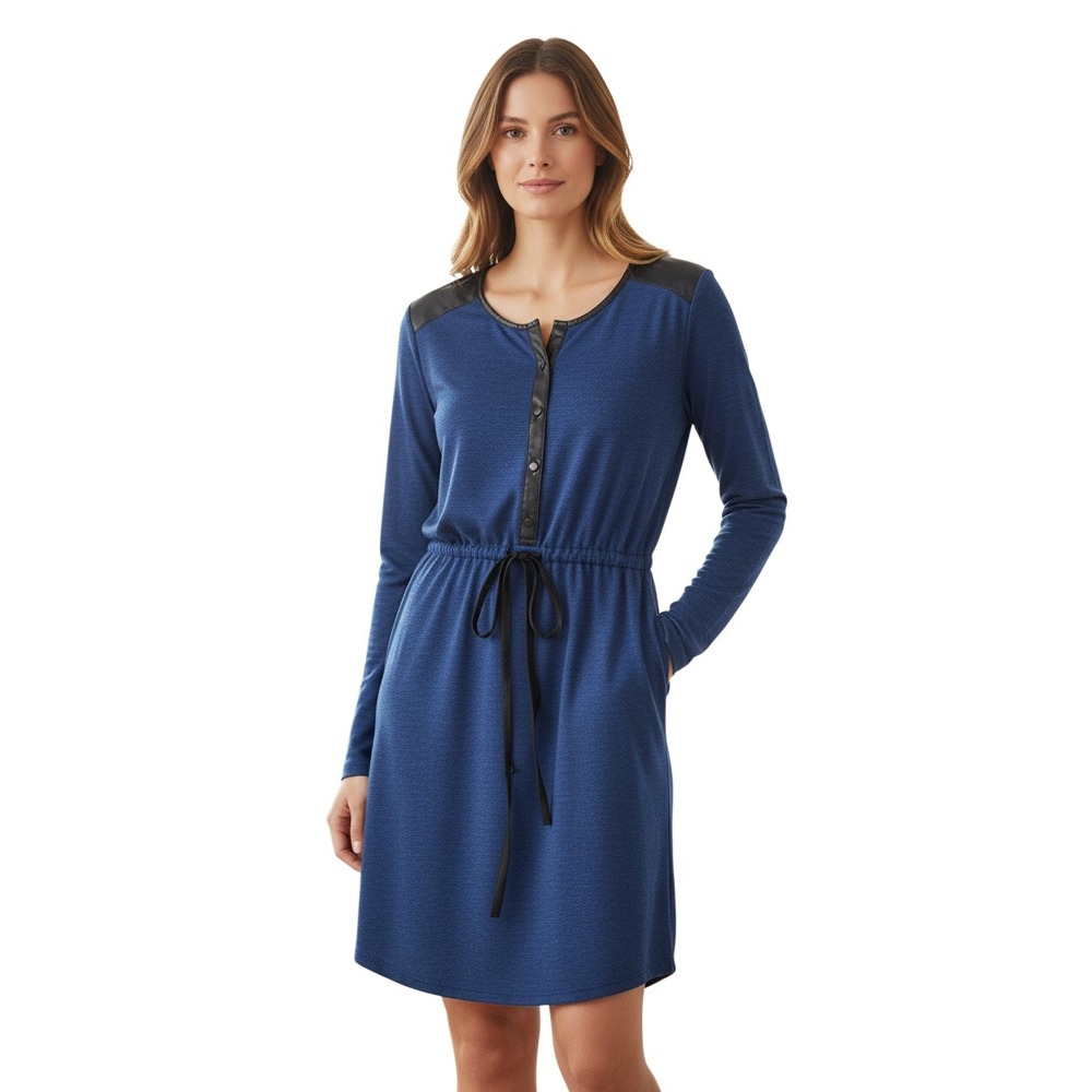 Calvin Klein Jeans Womens Navy Blue Henley Drawstring Waist Dress S -100% Cotton